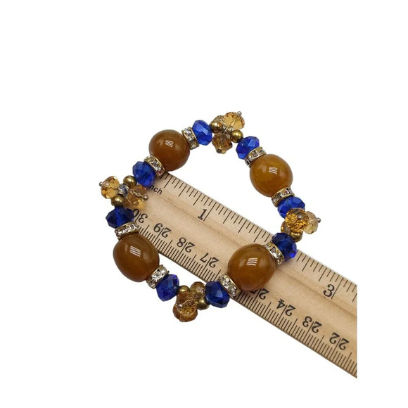 Blue Orange Crystal Orange Polished Tourmaline Beaded Stretchy Bracelet Vintage - Picture 4 of 4